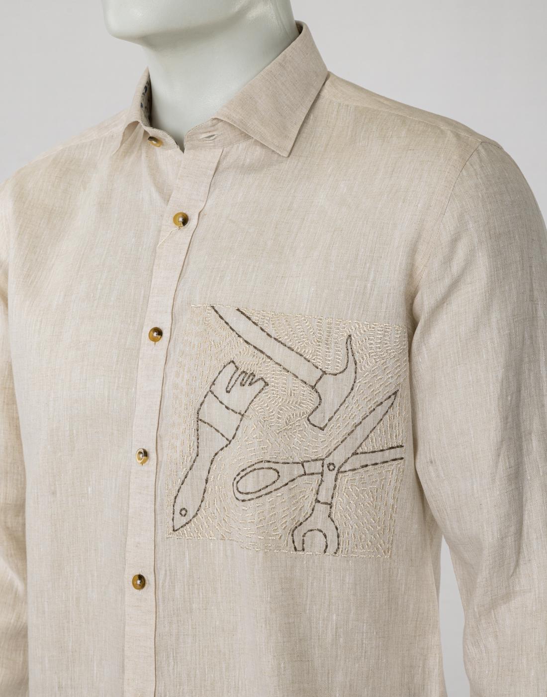 Akbar Light Mustard Embroidery: Casual Wear Cotton Shirt - Regular Fit, Semi Cutway Collar, Full Sleeves